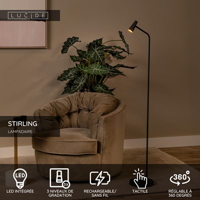 Lucide STIRLING - Lampadaire Rechargeable - Batterie/Piles - LED 3 StepDim - 1x3W 2700K - Noir